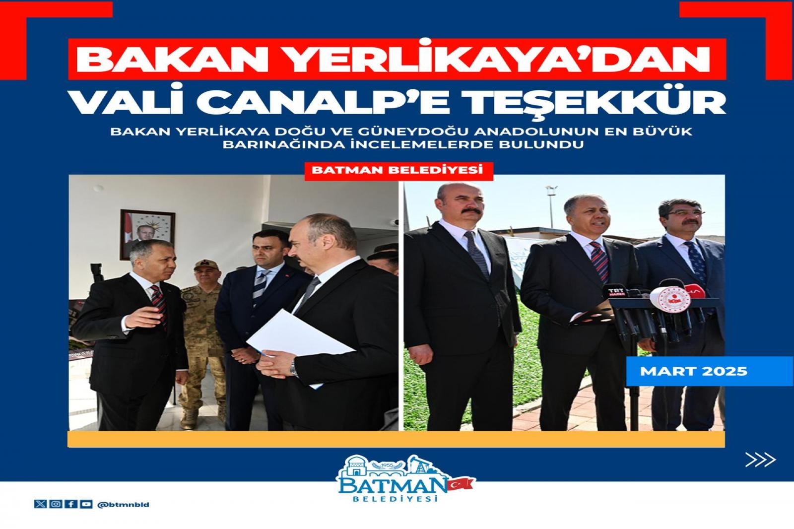 BAKAN YERLİKAYA’DAN VALİ CANALP’E TEŞEKKÜR