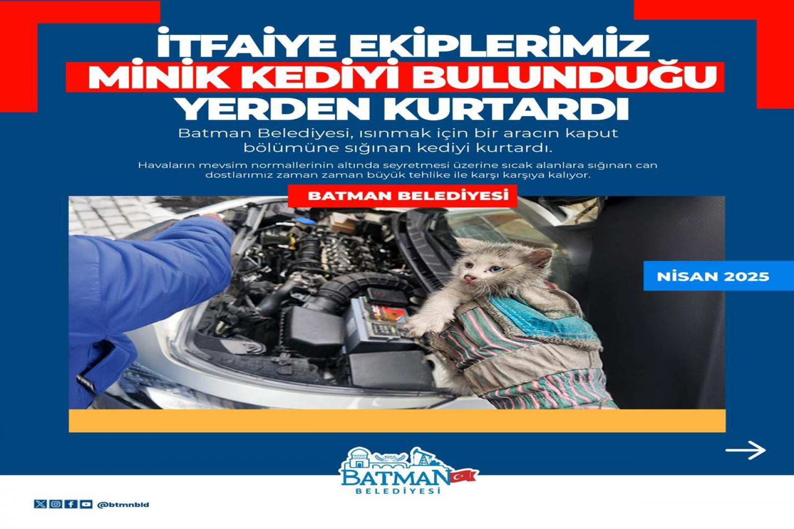 İTFAİYE EKİPLERİMİZ MİNİK KEDİYİ BULUNDUĞU YERDEN KURTARDI