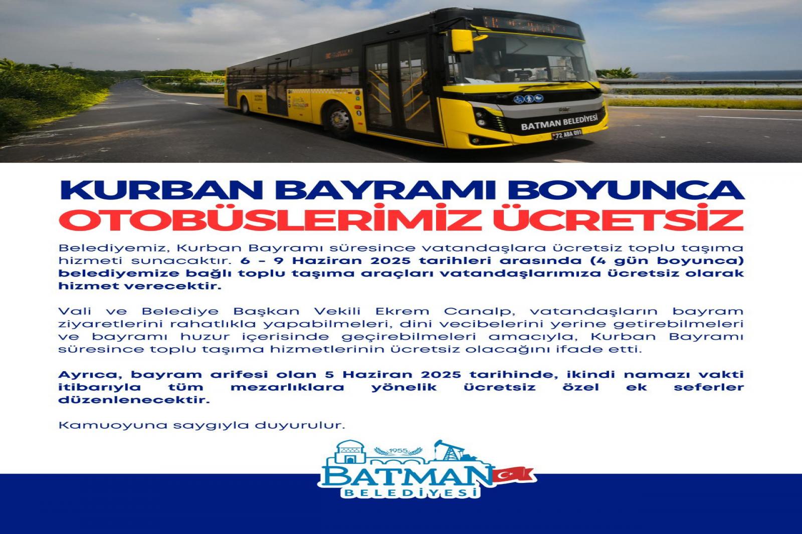 Kurban Bayramı Boyunca Otobüslerimiz Ücretsiz