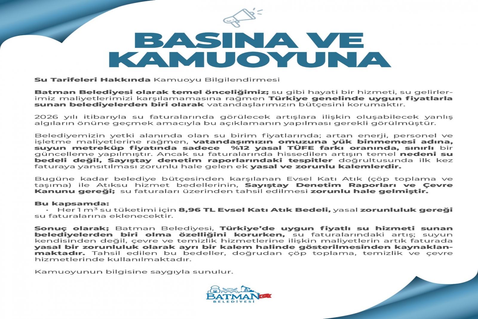 Su Tarifeleri Hakkında Kamuoyu Bilgilendirmesi